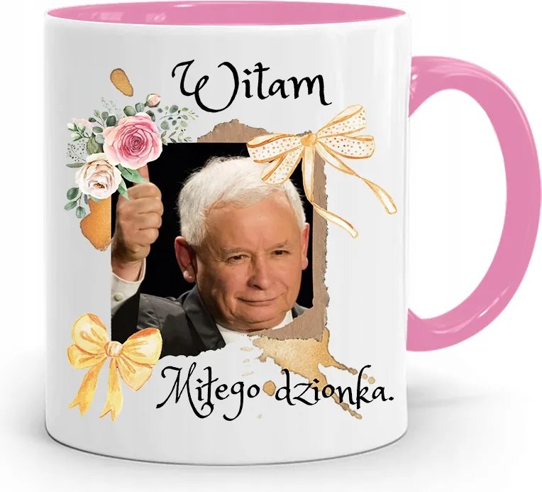 Rózsaszín Vicces Bögre Jaroslaw Kaczynski fényképes nyomattal