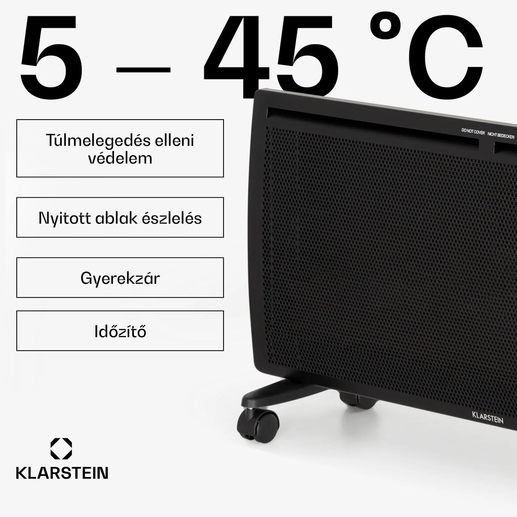 Klarstein Hot Spot Slimcurve Double Wave, konvektor, 2 az 1-ben fűtőtest, 2000 W, heti időzítő, fekete
