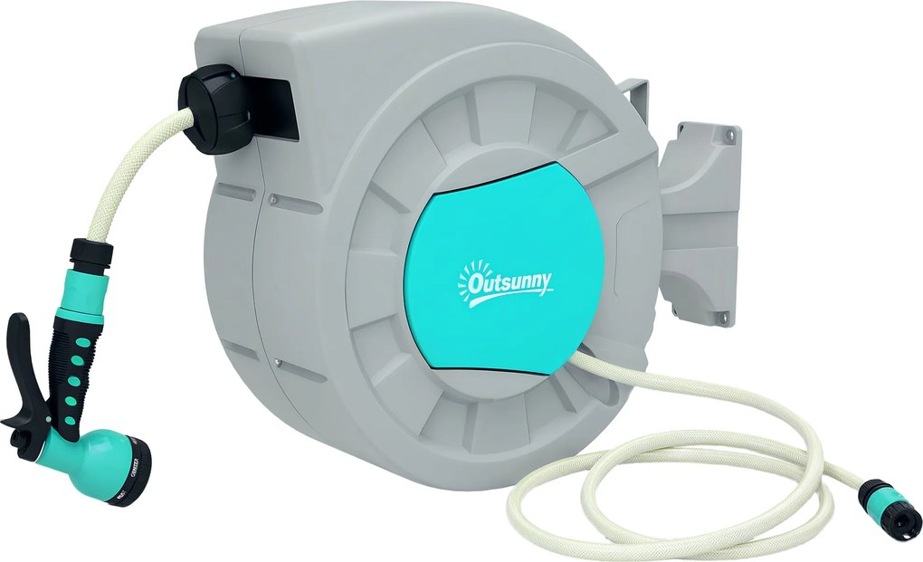 Outsunny 25m Kerti Kertkocsi Nyezettel, 180°-ban Forgatható Kerti Kocsi, Fali Kerti Kocsi, Automatikus Visszacsévélő Víz Kertkocsi, 7-Funkciós Kézi Zu