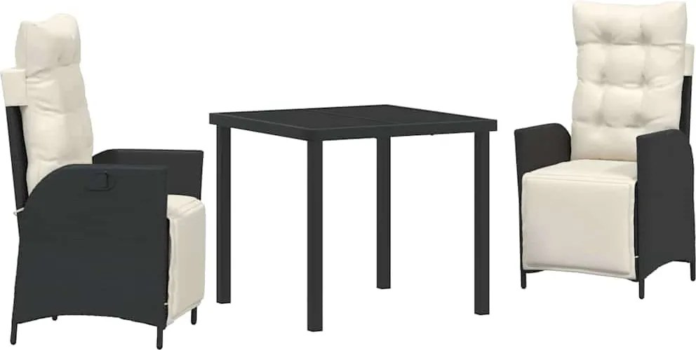 vidaXL Kert étkező szett párnával 3 pcs Fekete polirattan