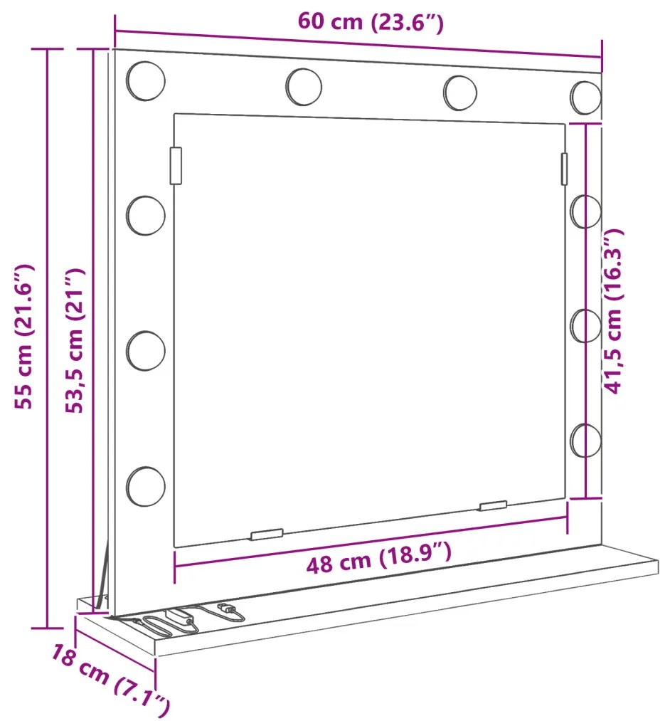 Toalett Tükör LED -es lámpákkal Sonoma tölgy 60 x 55 x 18 cm