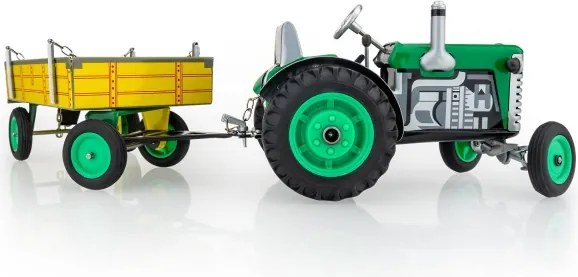 KOVAP kulccsal felhúzható traktor platós pótkocsival, zöld/sárga