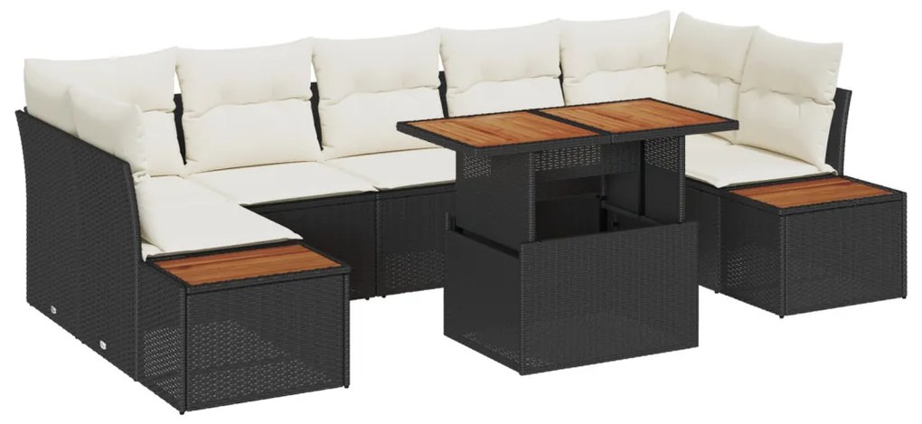 8 Részes Kert Sofa Szett Párnákkal Fekete Poly Rattan