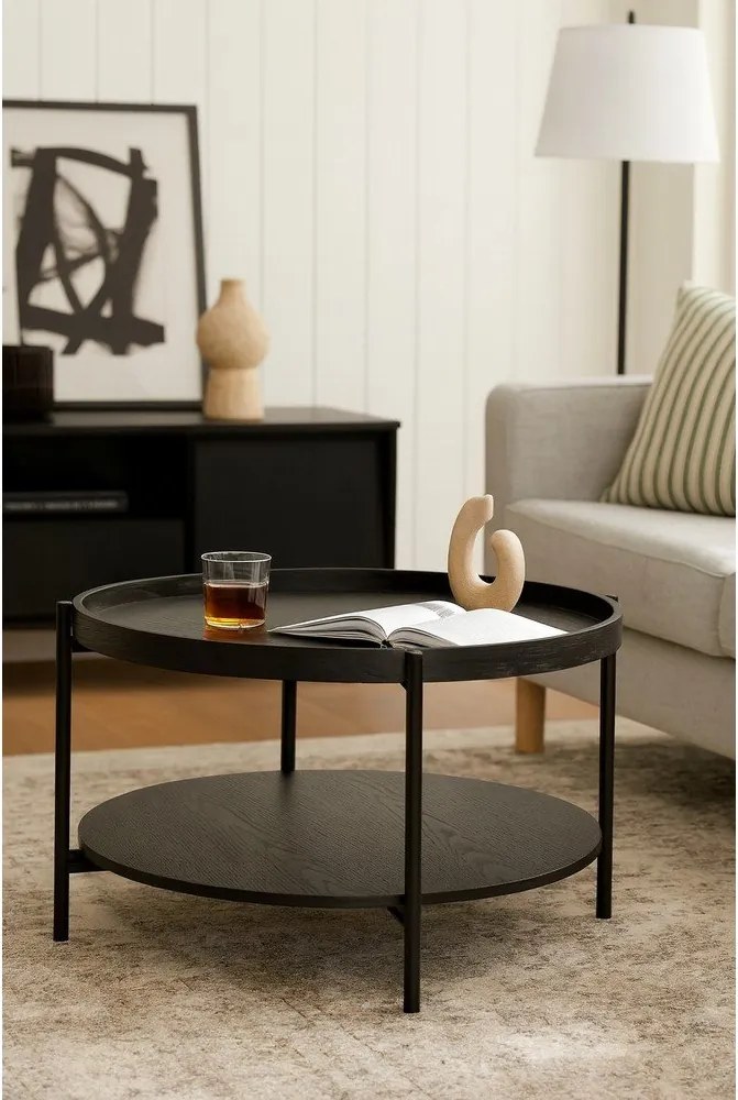 Fekete kerek dohányzóasztal tölgyfa dekorral ø 64 cm Hagen – Bonami Essentials