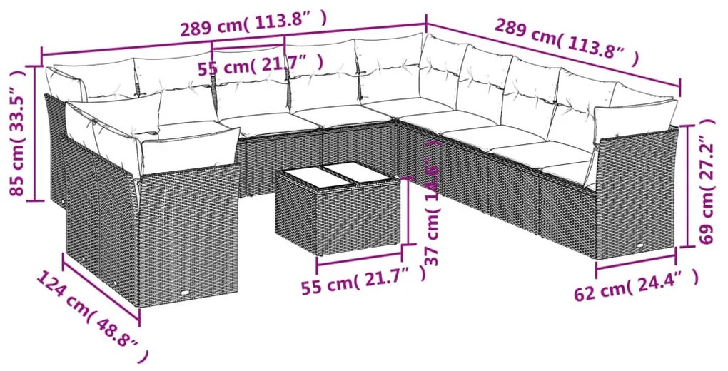 12 részes fekete polyrattan kerti ülőgarnitúra párnákkal