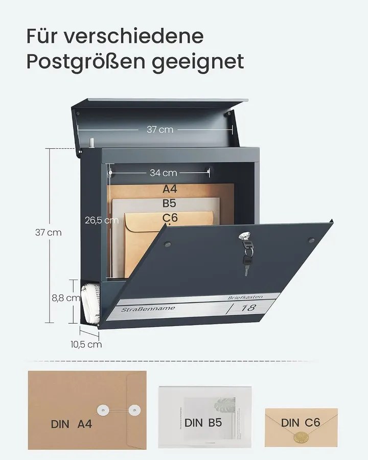 SONGMICS Személyre Szabható Postaláda Névtáblával és Zárral, Antracitszürke