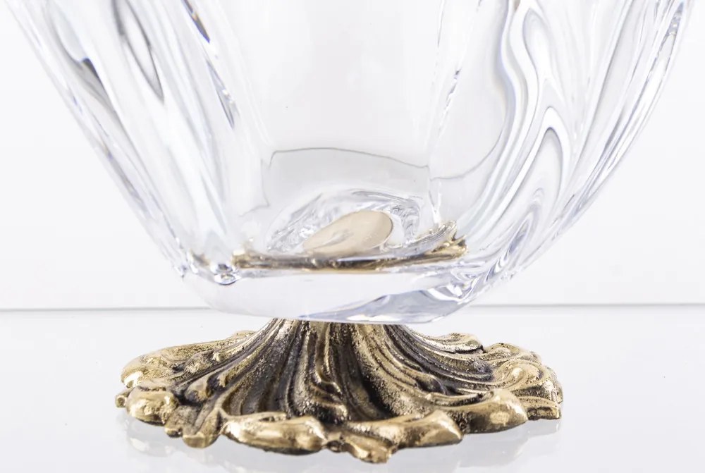 Vastag üvegtálka bonbonier masszív míves sárgaréz talppal 9x12,5x11,5cm