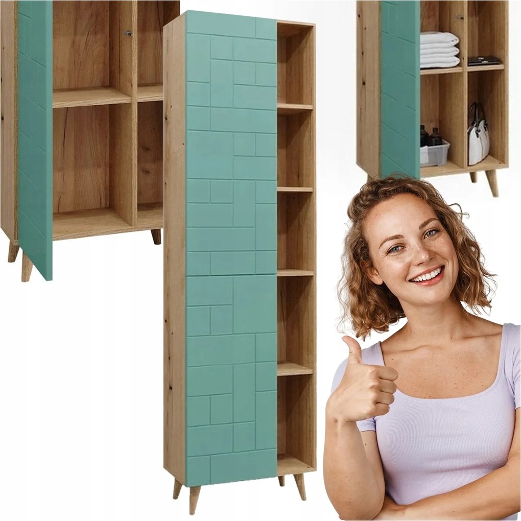 Álló Fürdőszobai Szekrény, Magas Oszlop, Fürdőszobai Polc, Menta Színű, 193 CM Magas