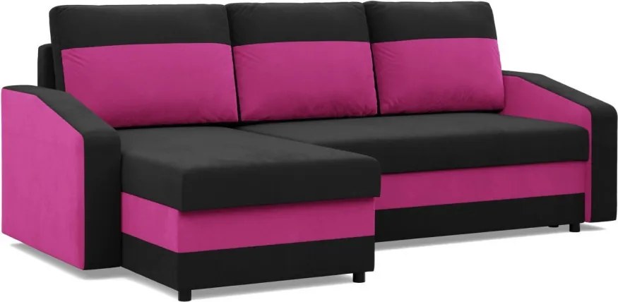 Hewlet sarokkanapé, 2 ágyneműtartóval, szövet anyag, univerzális oldal, hab töltet, fekete - rózsaszín