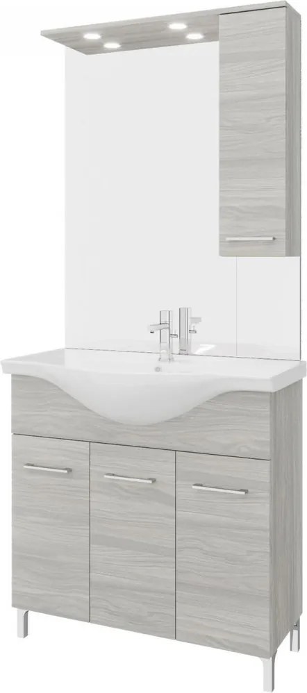 Rubino 85cm-es három ajtós fürdőszobaszekrény polccal szürke tölgy + mosdó