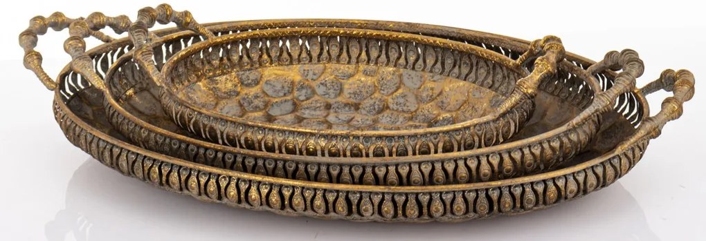 Antique keleties jellegű ovális dombormintás óarany 3db-os tálca szett 9x49x27 / 9x42x23 / 9x31x17cm