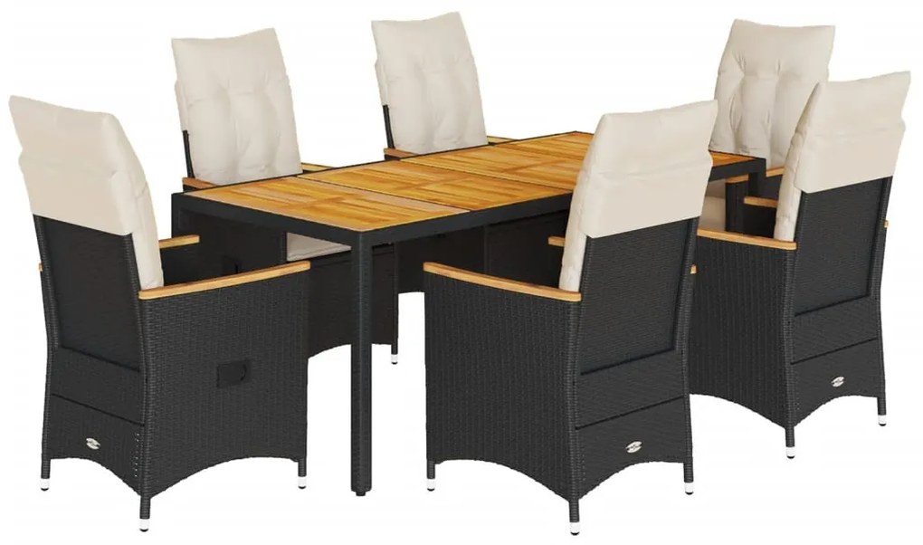 7 részes fekete polyrattan kerti étkezőgarnitúra párnával