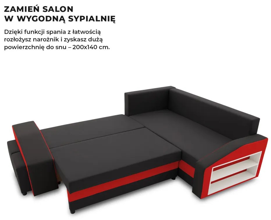 Grande sarokkanapé polcokkal és puffokkal , polc a jobb karfaban puffok a bal karfaban, jobboldali, szövet anyag, hab töltet, fekete - piros