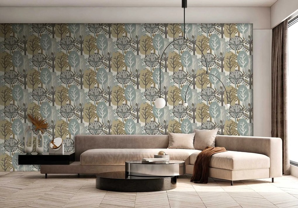 Decoprint Antibes Nature Forest ekrü-kék fa mintás vlies tapéta – AN28281