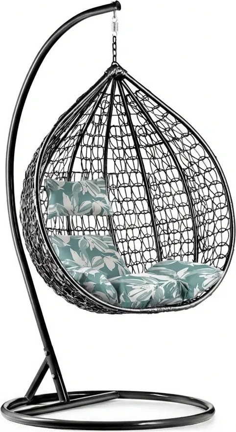 Fekete függő KOKON szék állvánnyal, zöld-fehér párna