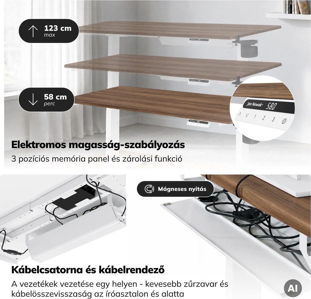 Elektromos, állítható magasságú, ergonomikus, fehér/dió íróasztal,1400x700 mm: ARIA