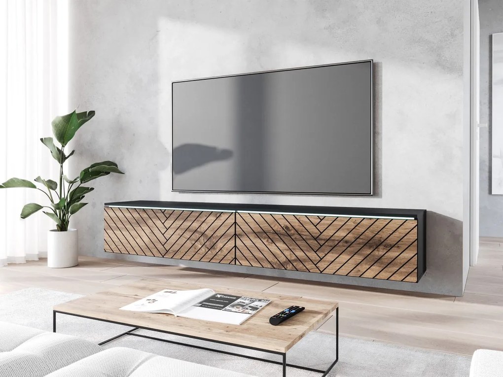 TV szekrény Dlana 180 MDF (fekete grafit + wotan tölgy) (fehér LED világítás). 1106214