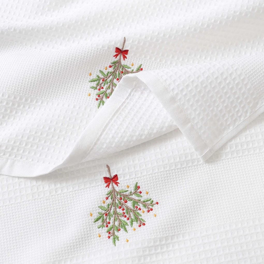 Goldea karácsonyi hímzett waffle konyharuha - fagyöngy fehér alapon 50 x 70 cm