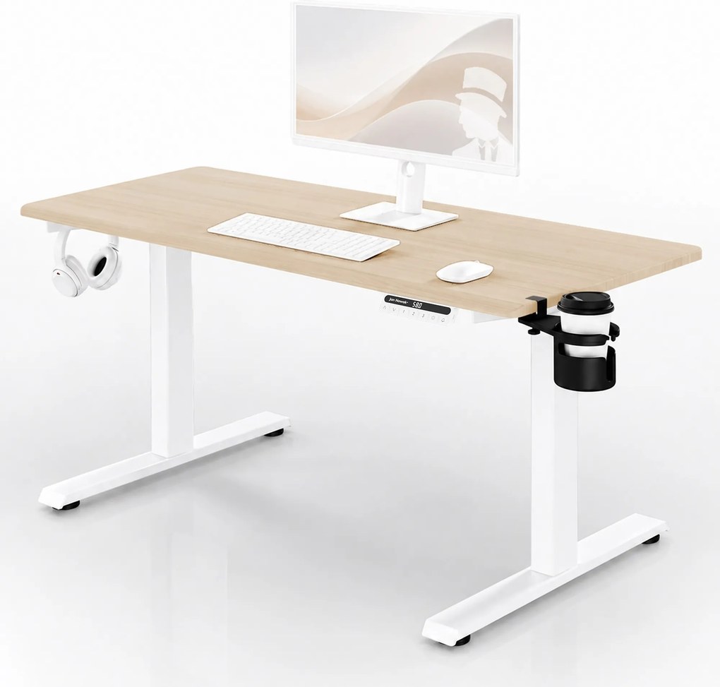 Elektromos, állítható magasságú, ergonomikus, fehér/sonoma tölgy íróasztal,1400x700 mm: ARIA