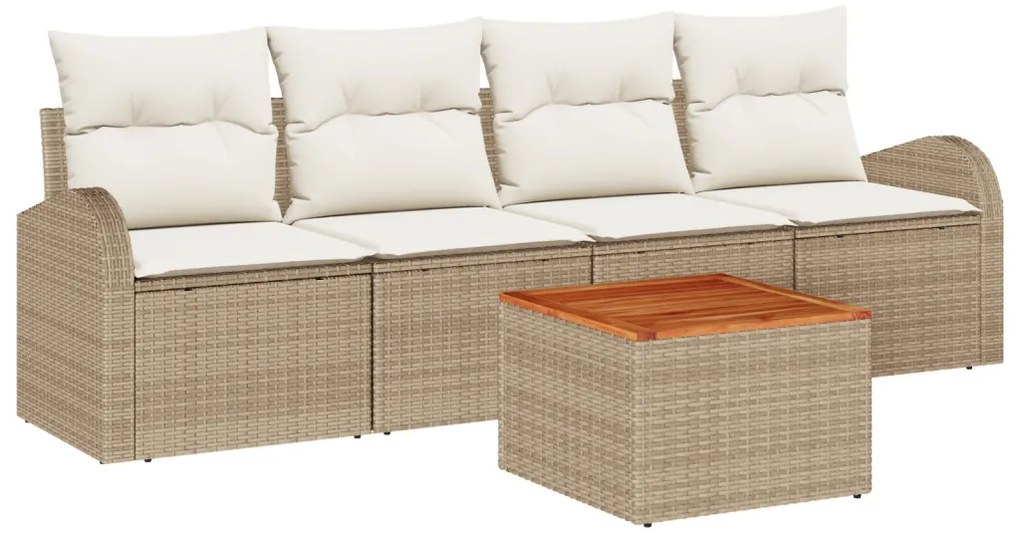 5 Darabos Kerti Sofa Szett Párnákkal Bézs Poli Rattan Akáciával