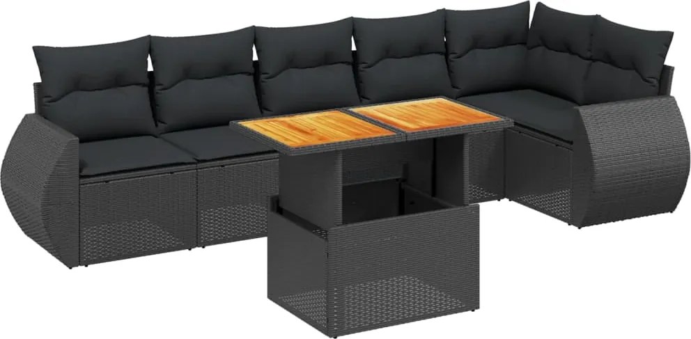 vidaXL 7 részes fekete polyrattan kerti ülőgarnitúra párnával
