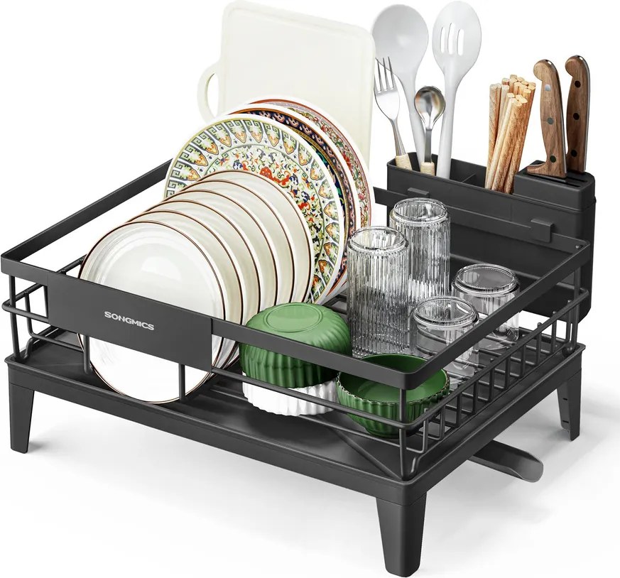 Edényszárító állvány, 360°-ban forgatható és kihúzható lefolyóval, fekete