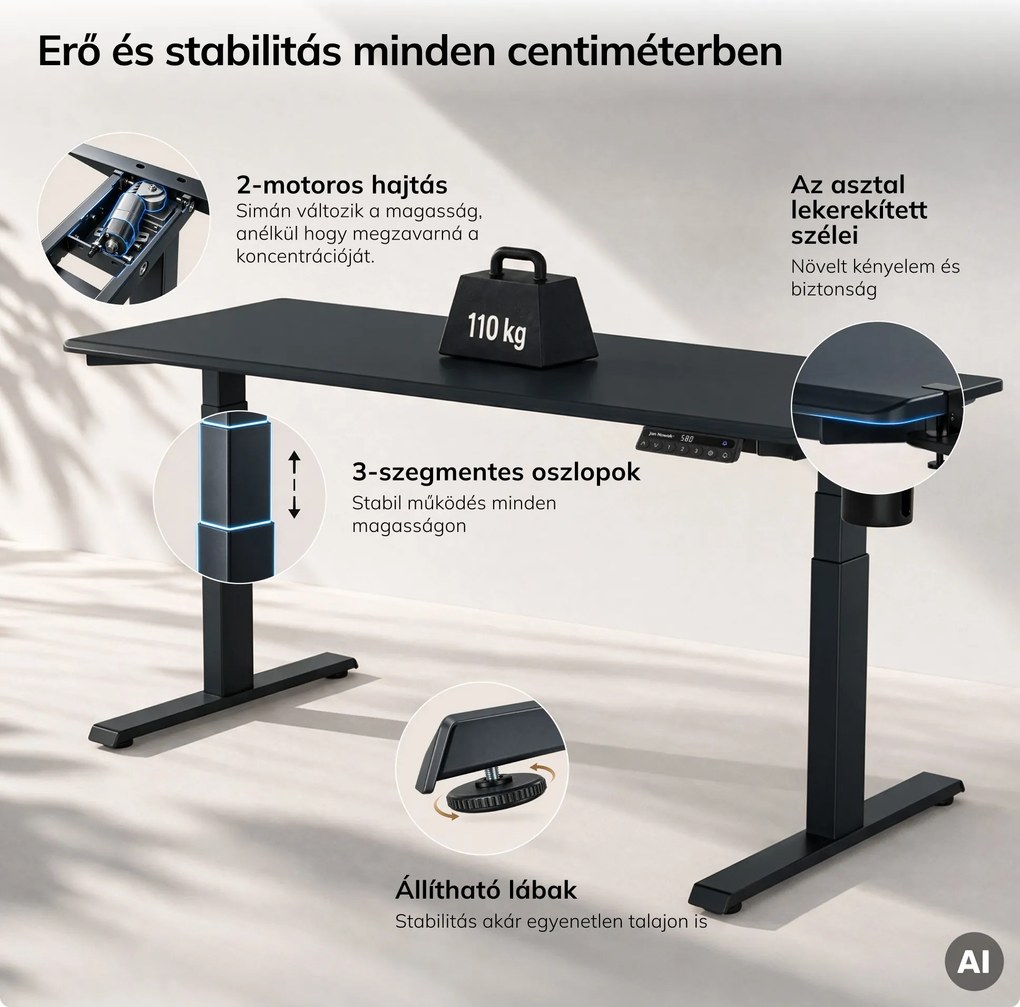 Elektromos íróasztal magasságállítással ergonomikus antracit,1600x800 mm: ARIA