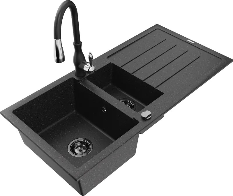 Mexen Andres gránit mosogató 1,5-medencés csepegtetővel és Savita konyhai csapteleppel, fekete/ezüst - 6515-73-672601-70-B