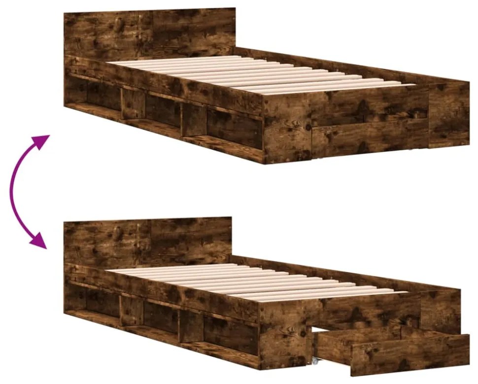 füstös tölgy színű szerelt fa ágykeret fiókkal 100 x 200 cm