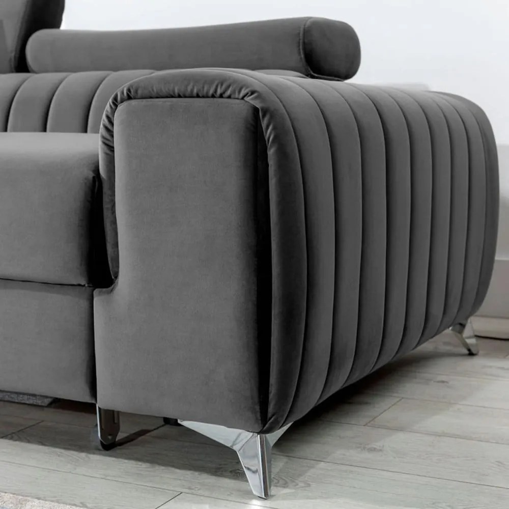 Sötétszürke bársony kinyitható-tárolóhelyes sarokkanapé (bal oldali-heverő résszel) Grayson – ELTAP