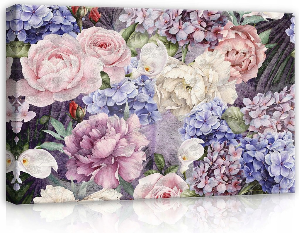 Vászonkép 60x40 Virágok rózsák hortenzia bazsarózsa csokor tavasz nyár kert