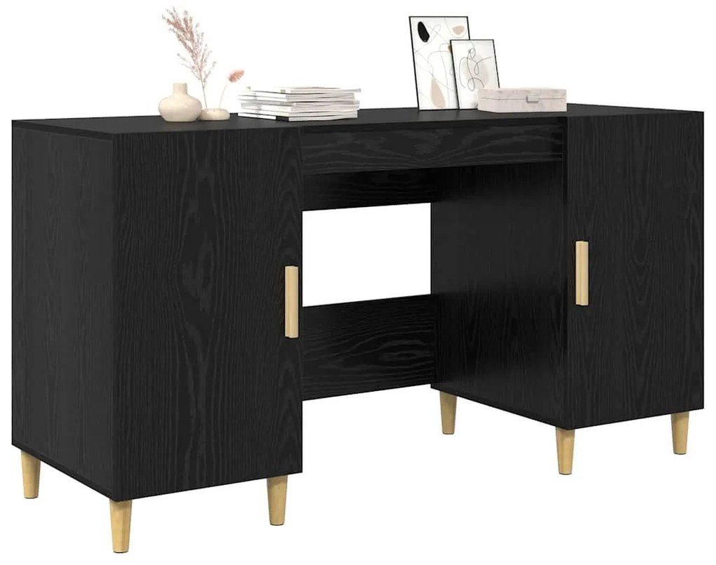 vidaXL Asztal polcokkal ajtóval Fekete tölgy 140 x 50 x 75 cm Faanyag