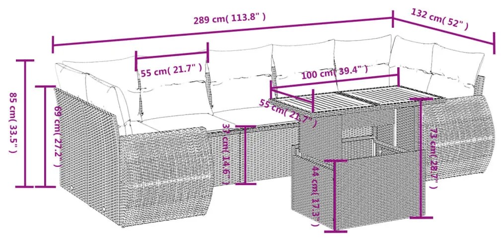 8 részes fekete polyrattan kerti ülőgarnitúra párnákkal