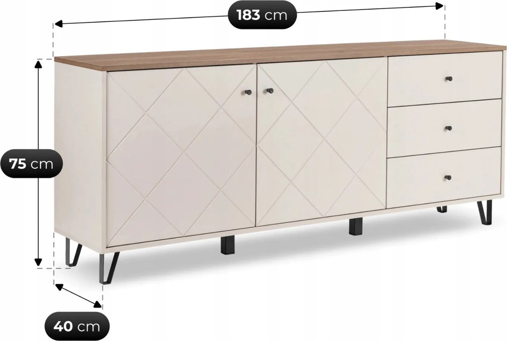 Komoda BACARDI 183 cm Kaszmir/Dąb Castello