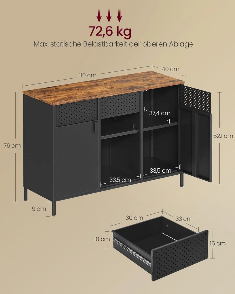 Tárolószekrény, Fém szekrény, 40 x 110 x 76 cm, vintage barna, matt fekete