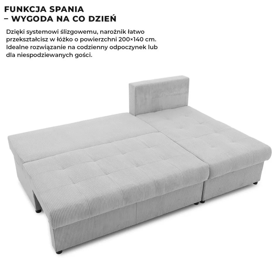 Venezia sarokkanapé, 3 ágyneműtartóval, kordbársony, univerzális oldal, hab töltet, szürke