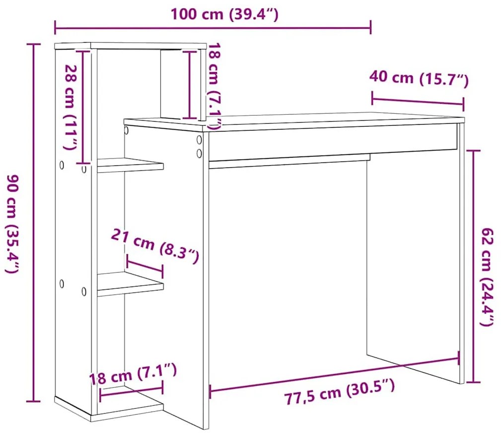 Asztal polcokkal kézműves tölgy 100 x 40 x 90 cm Faanyag