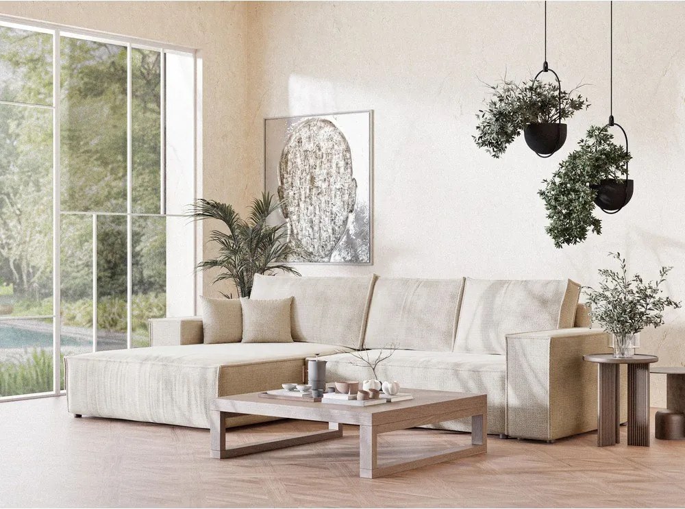 Krémszínű zsenília kinyitható-tárolóhelyes sarokkanapé (bal oldali-heverő résszel) Maze – Maison de Rêve