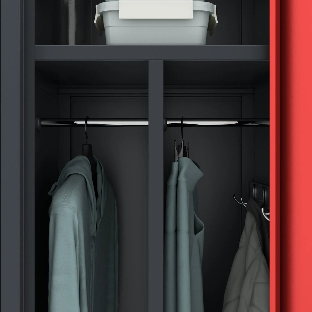 Pléh öltözőszekrény talpazaton, kétmodulos, polccal és köztes fallal KACPER, 800 x 1800 x 500 mm, antracit-piros