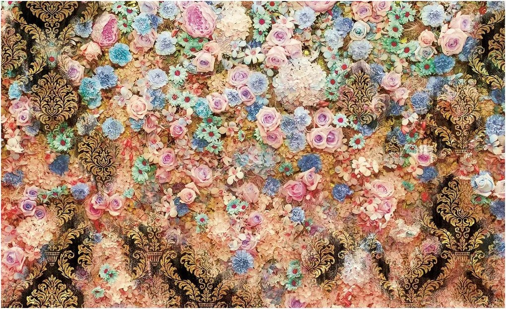 Flizelin fotótapéta Virágok Damask Arany Pasztell rózsák 416x254 +ragasztó