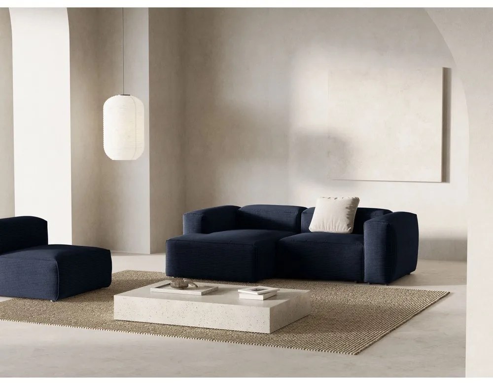 Sötétkék kordbársony sarokkanapé (bal oldali-heverő résszel) Bergamo – Cosmopolitan Design