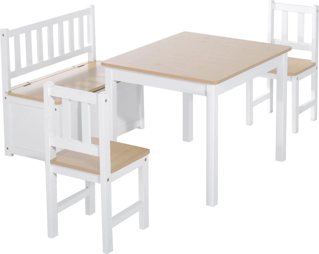 HOMCOM Gyerek Asztal és Székek 4 Részes Szett - Gyerekek Asztala 2 Székkel és Tároló Pad | Aosom