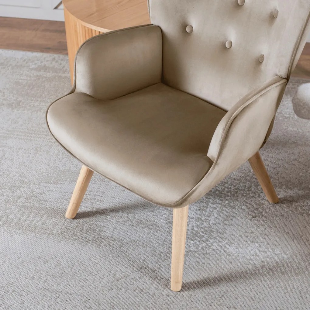 Füles Fotel Lábtartóval Bézs Bársony Kárpittal. LOZANO 2