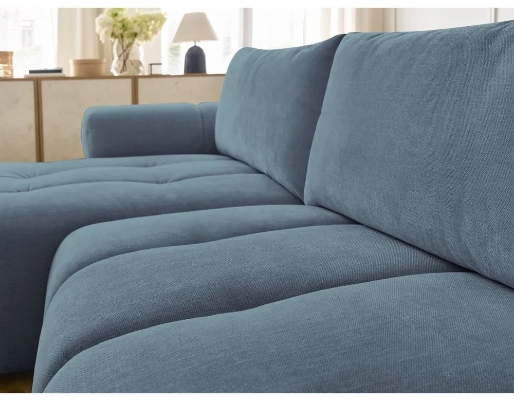 Kék kinyitható-tárolóhelyes sarokkanapé (bal oldali-heverő résszel) Fuji – Bobochic Paris