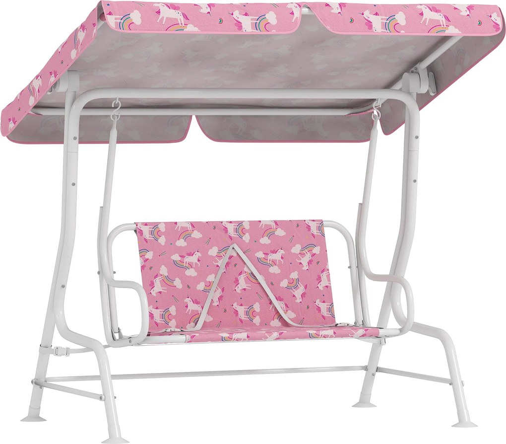 AIYAPLAY kétüléses kerti hinta állítható napellenzővel és biztonsági övekkel — Egyszarvú & Szivárvány, rózsaszín — 112 x 75 x 120 cm | Aosom