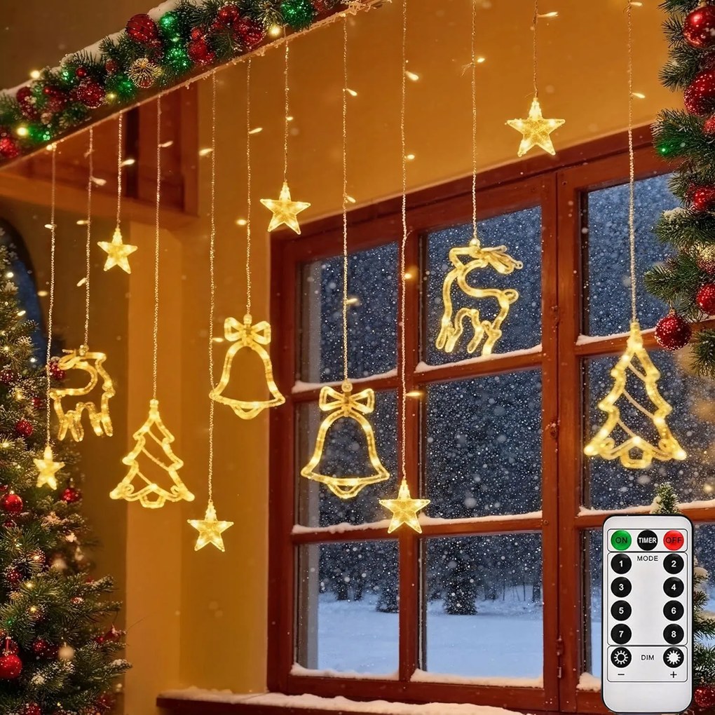 Fényfüggöny Led Karácsonyfa Fényfüzér Csengő Rénszarvas Fehér Meleg