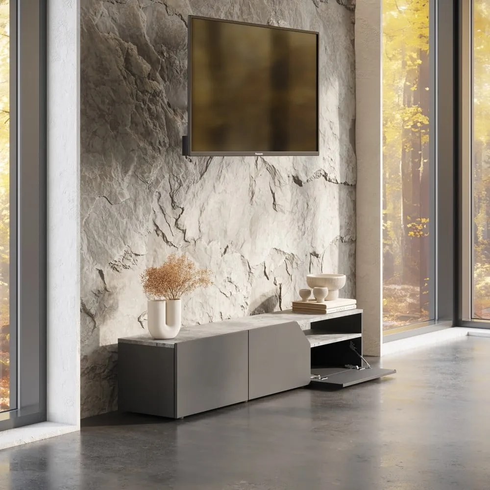 Fekete TV-állvány beton dekorral 180x38 cm Verone – TemaHome