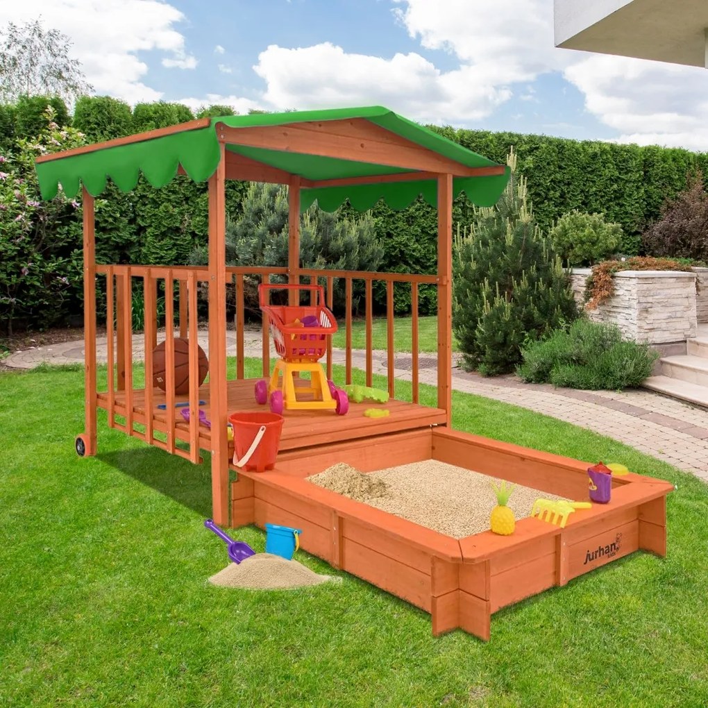 HAPPY verandás homokozó, 130x130x143cm, barna/zöld Jurhan