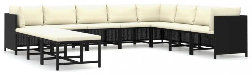 11 részes fekete polyrattan kerti bútorszett párnákkal