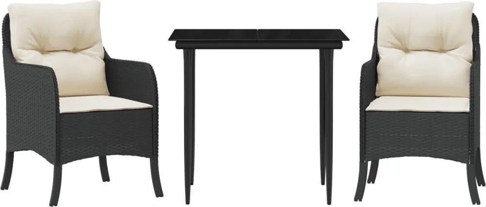 vidaXL 3 részes fekete polyrattan kerti étkezőgarnitúra párnákkal